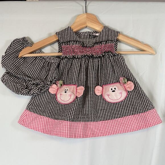 Samara Other - Samara VTG Baby Girl 3 Months Monkey Seersucker Smocked Sun Dress Pink Black 2PC